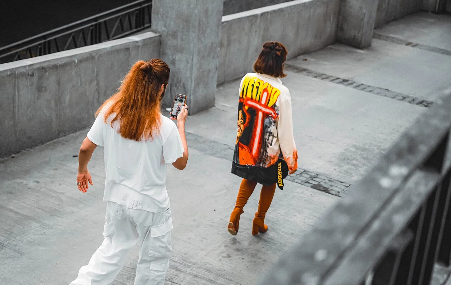 OCD World custom wearable art jacket photographed in an urban concrete setting using Monoshoot