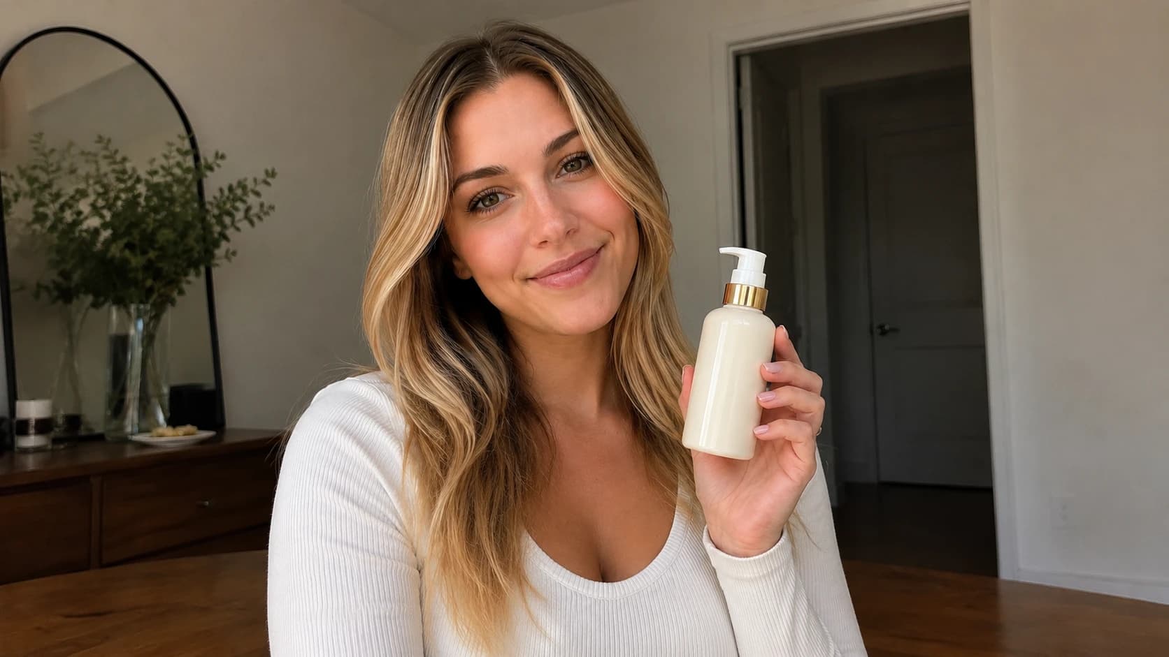 AI cosmetic product photography in a styled scene