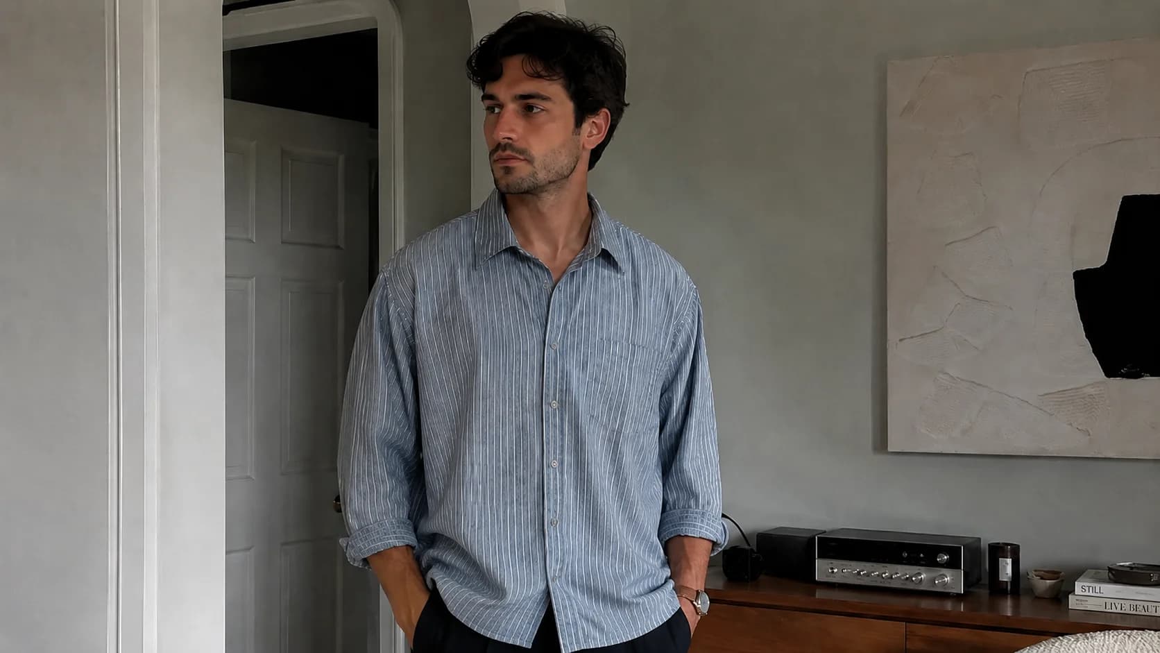 Monoshoot generated male model wearing the blue striped shirt
