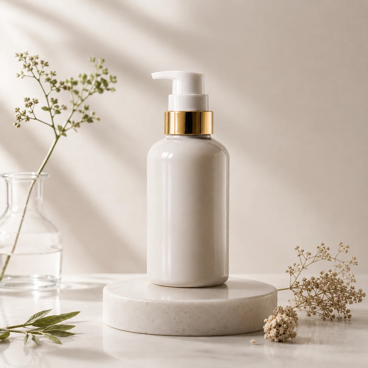 Luxury cosmetics campaign AI background with stone pedestal and soft morning shadows