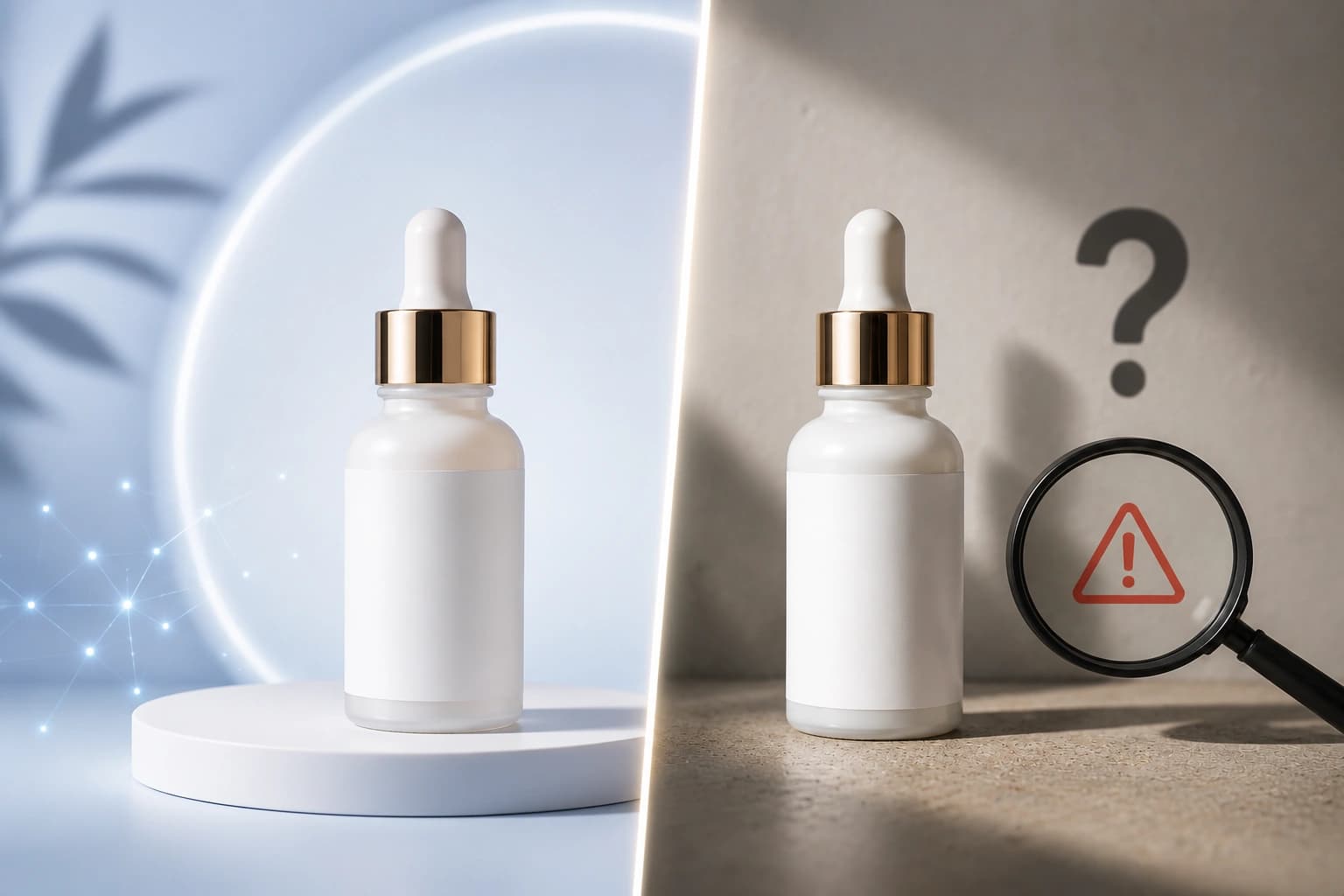 Split comparison of an AI-generated product photo and a realistic product image illustrating false advertising risks and AI marketing compliance.