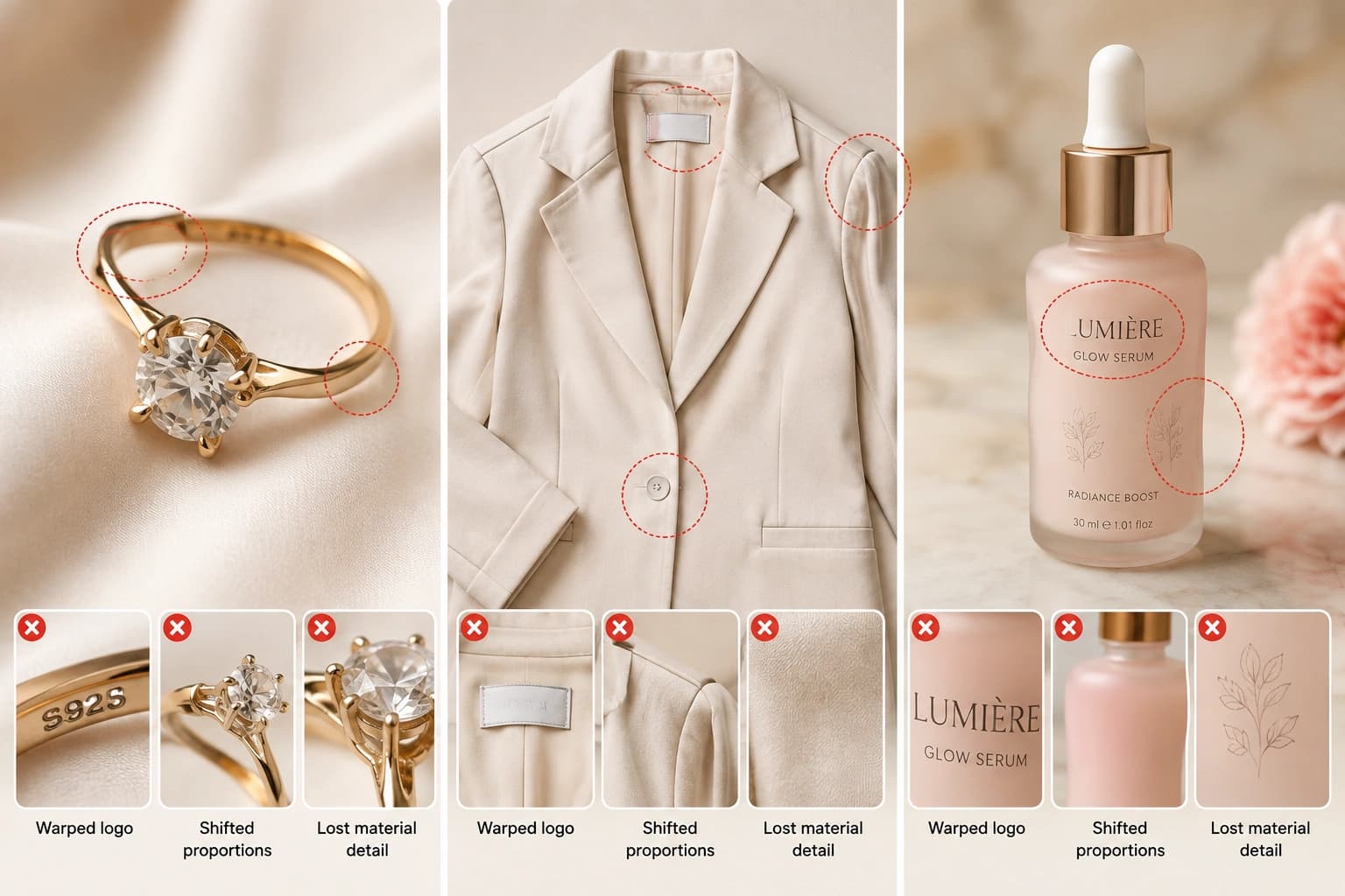 Examples of AI product photos failing product fidelity showing warped logos, distorted proportions and texture collapse