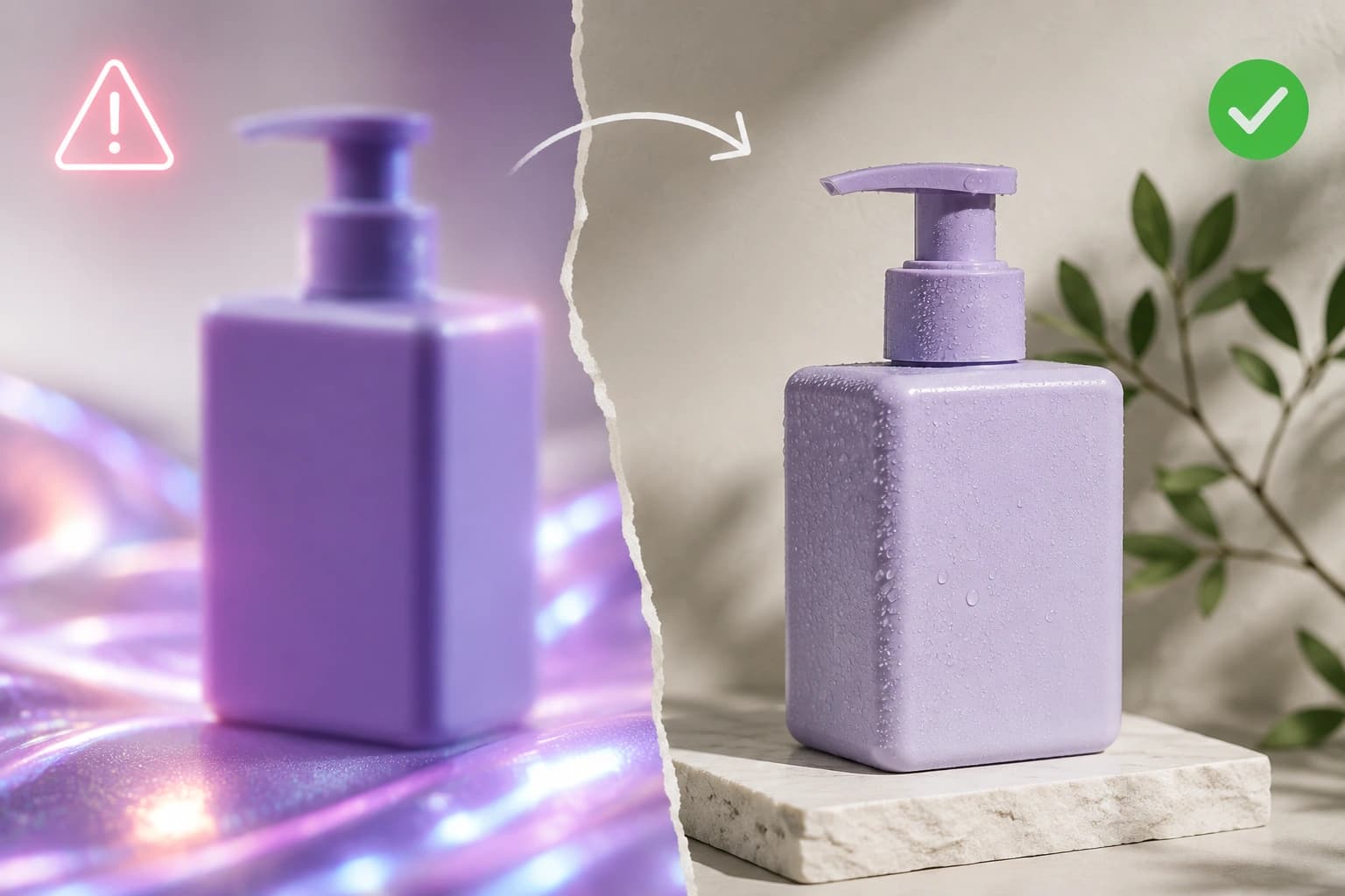 Comparison showing accurate AI product photography with preserved product fidelity versus AI-generated product image with altered logo, color, and packaging.