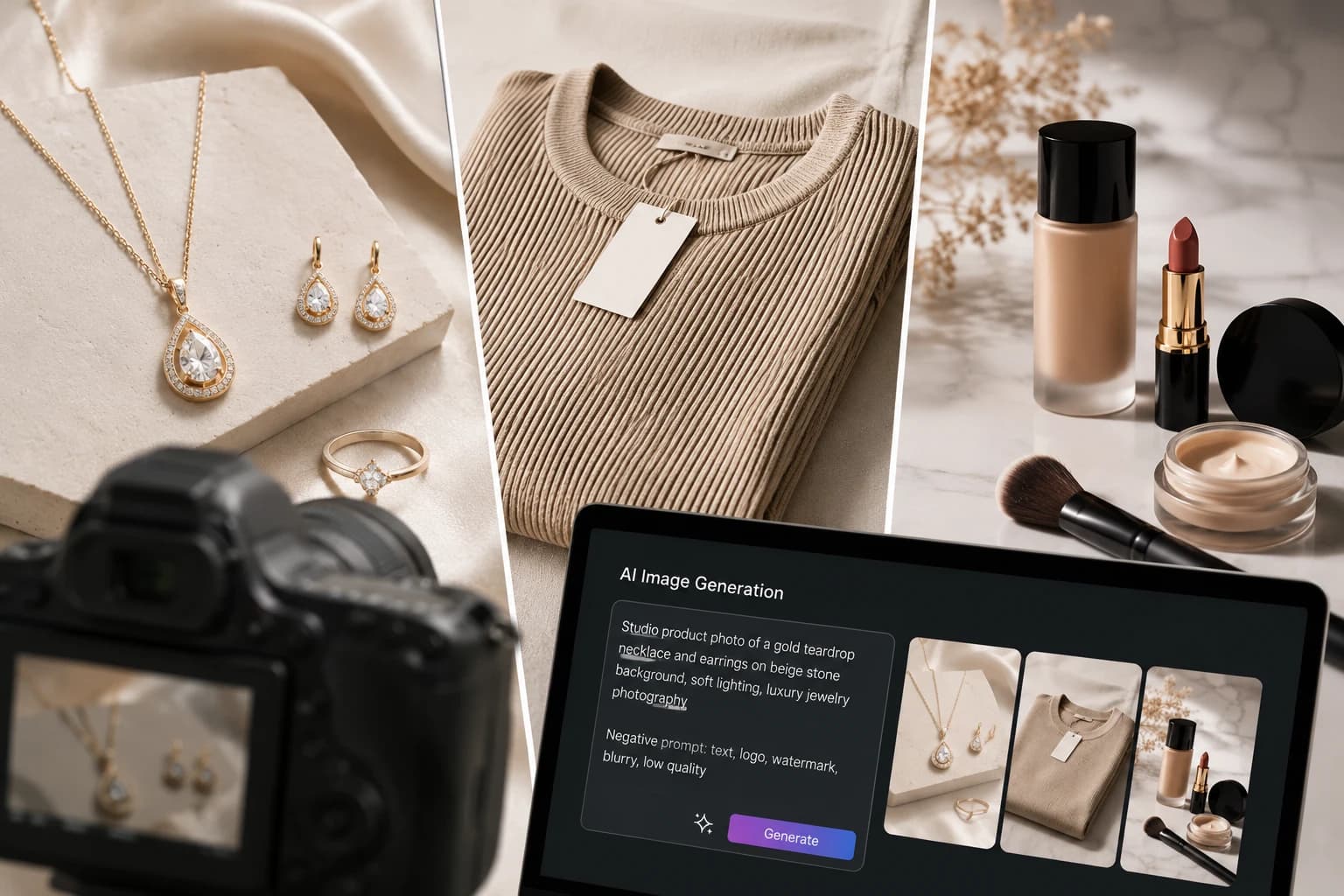 AI product photography examples for jewelry, clothing and cosmetics