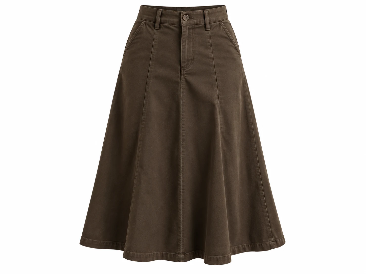3D ghost mannequin packshot of dark chocolate brown twill A-line skirt with waistband