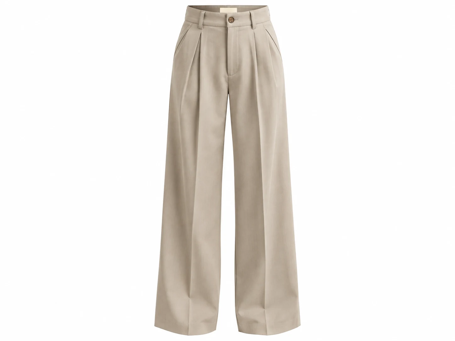 3D ghost mannequin packshot of beige pleated wide-leg trousers with hollow waistband