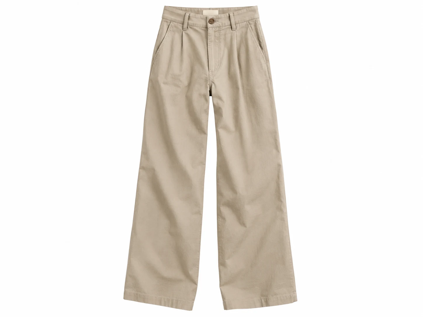3D ghost mannequin packshot of relaxed fit khaki pleated trousers with waistband button