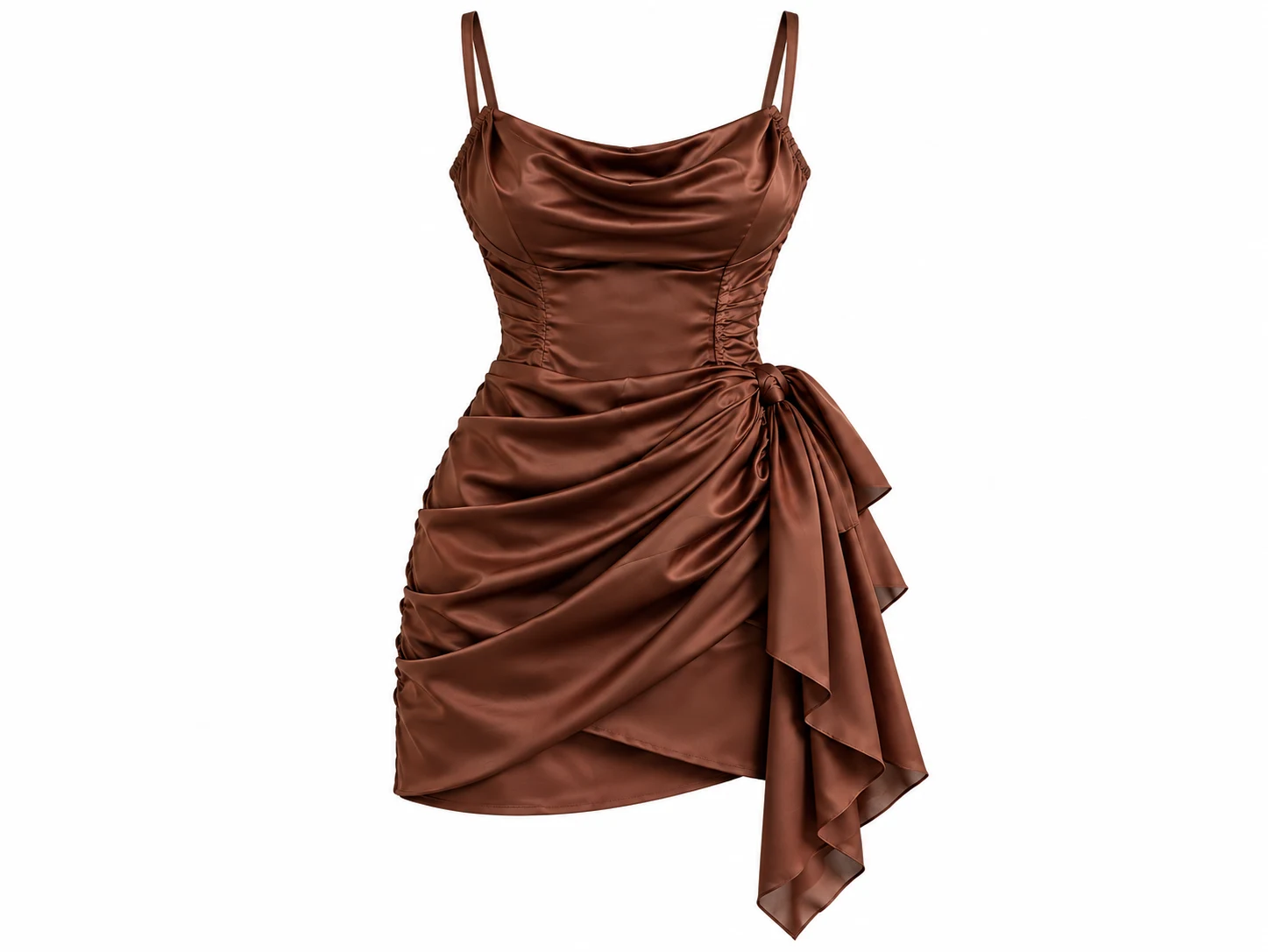 3D ghost mannequin packshot of chocolate brown satin ruched mini dress with floating straps