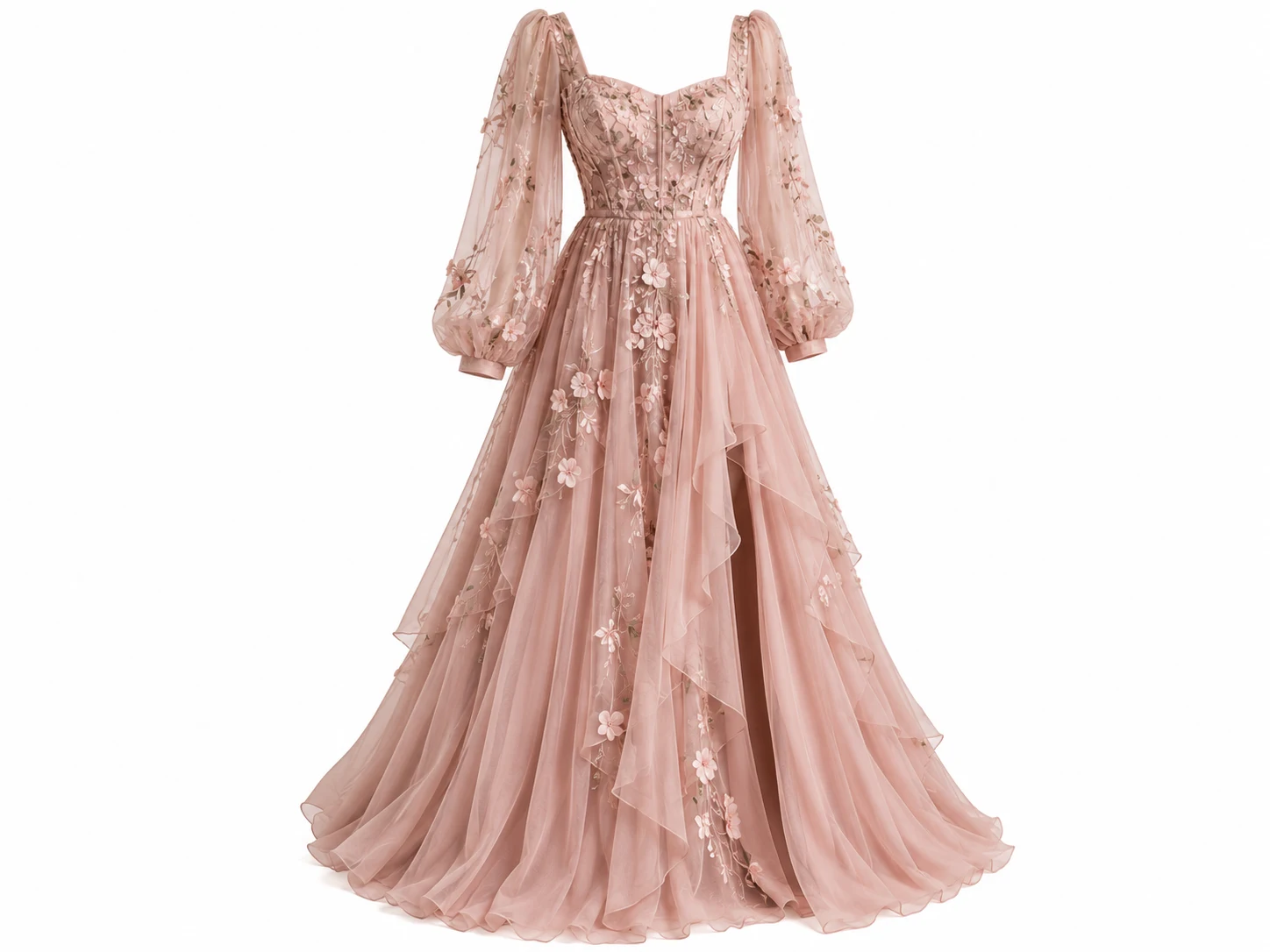 3D ghost mannequin packshot of blush pink floral embroidered tulle couture gown with bishop sleeves