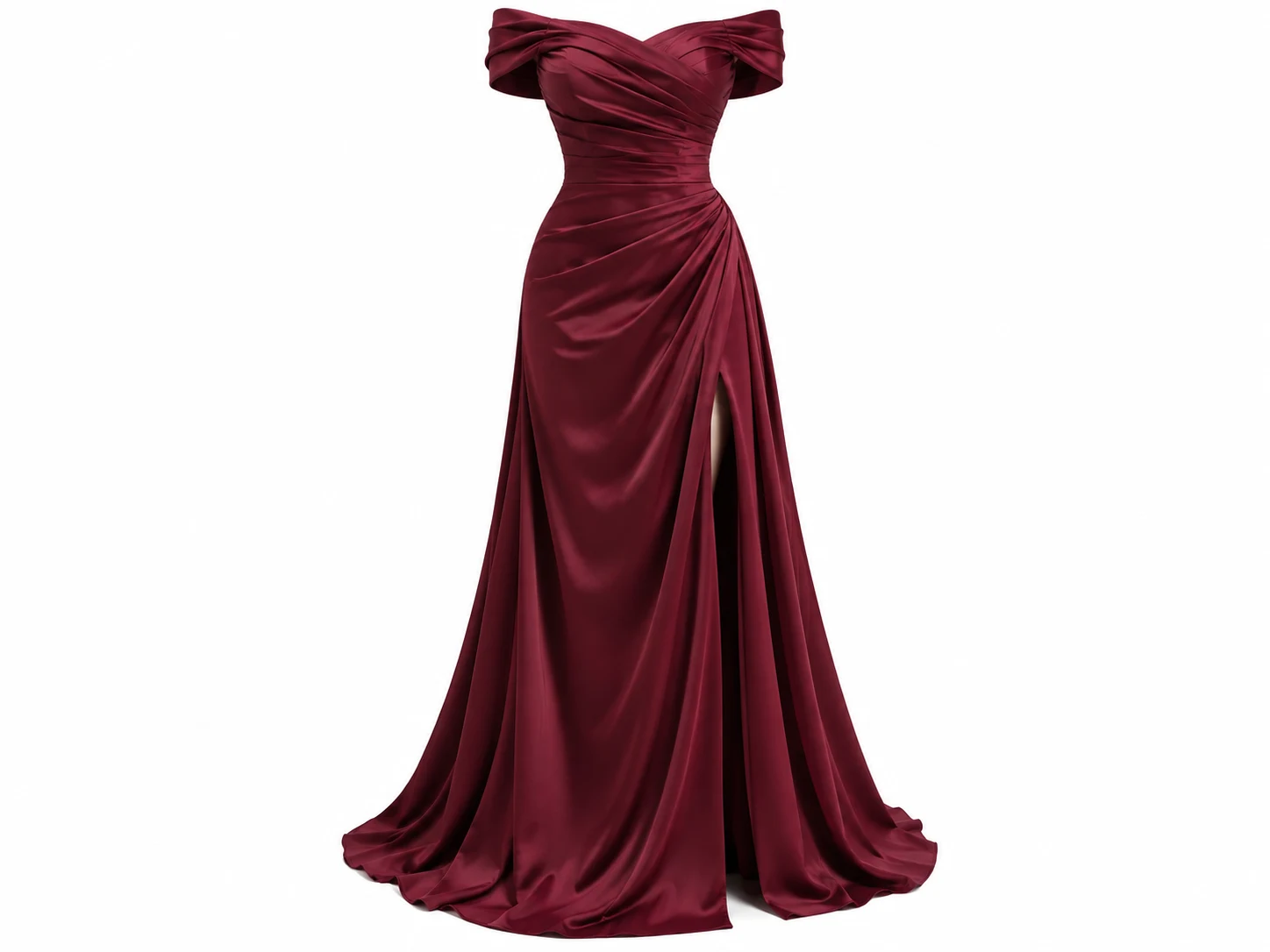 3D ghost mannequin packshot of off-the-shoulder ruby red draped satin gala gown with high slit