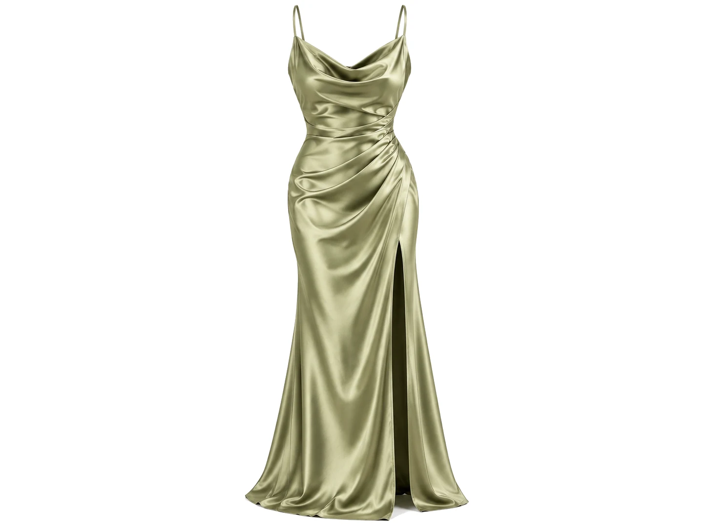 3D ghost mannequin packshot of sage green satin cowl-neck evening gown with thigh slit