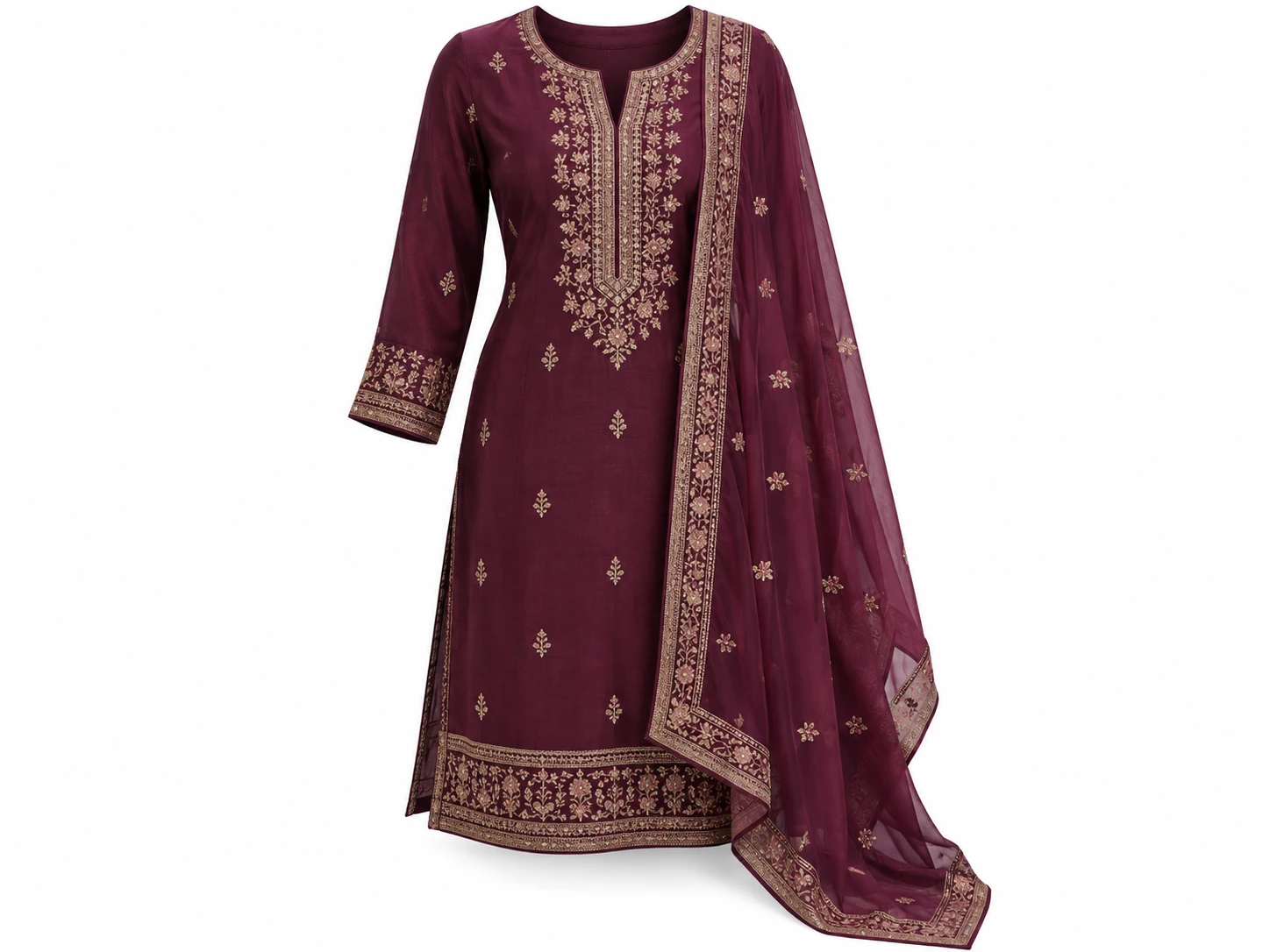 3D ghost mannequin packshot of deep plum embroidered traditional kurta tunic with side slits and dupatta