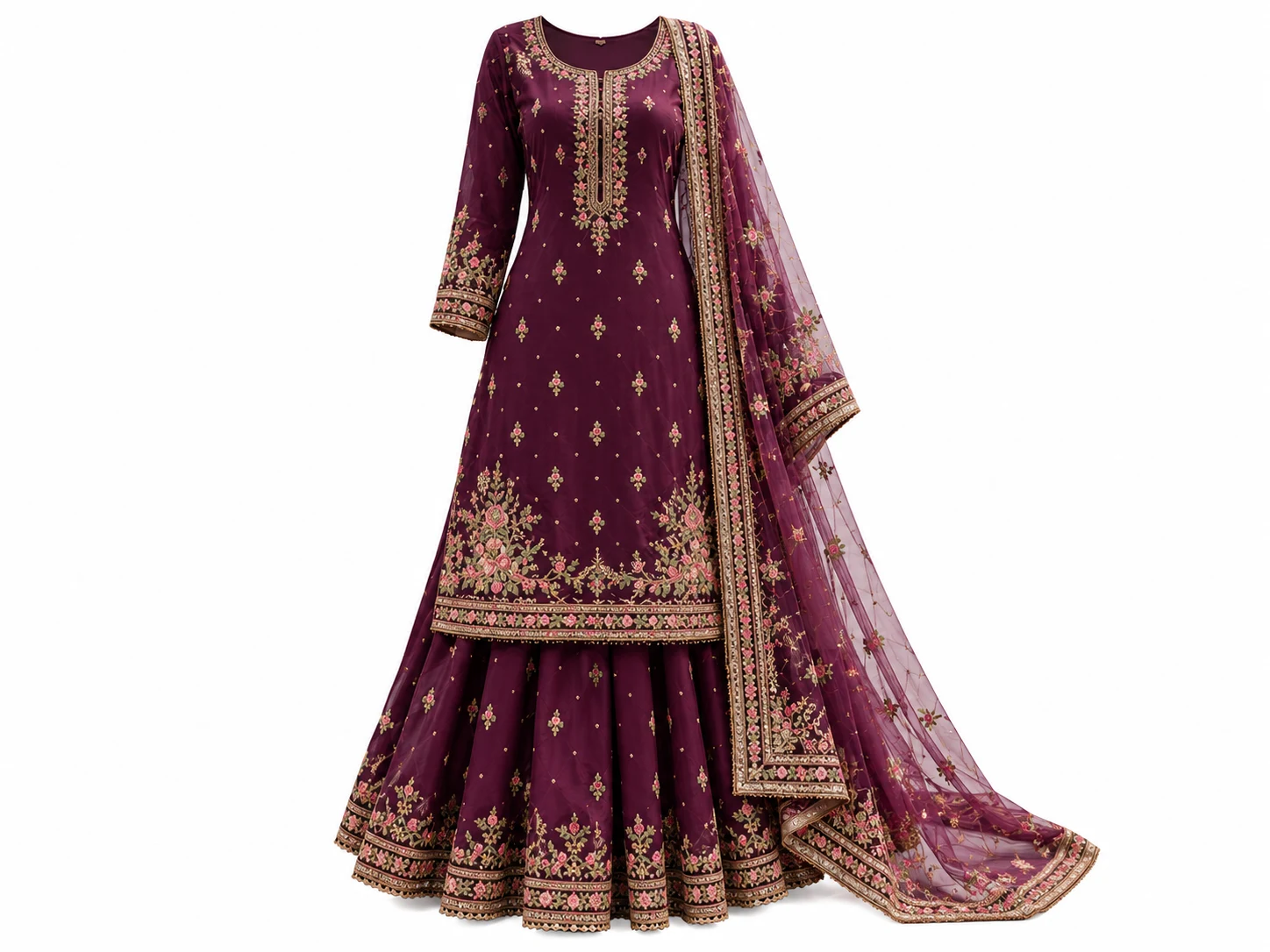 3D ghost mannequin packshot of deep plum embroidered ethnic sharara suit set with sheer dupatta