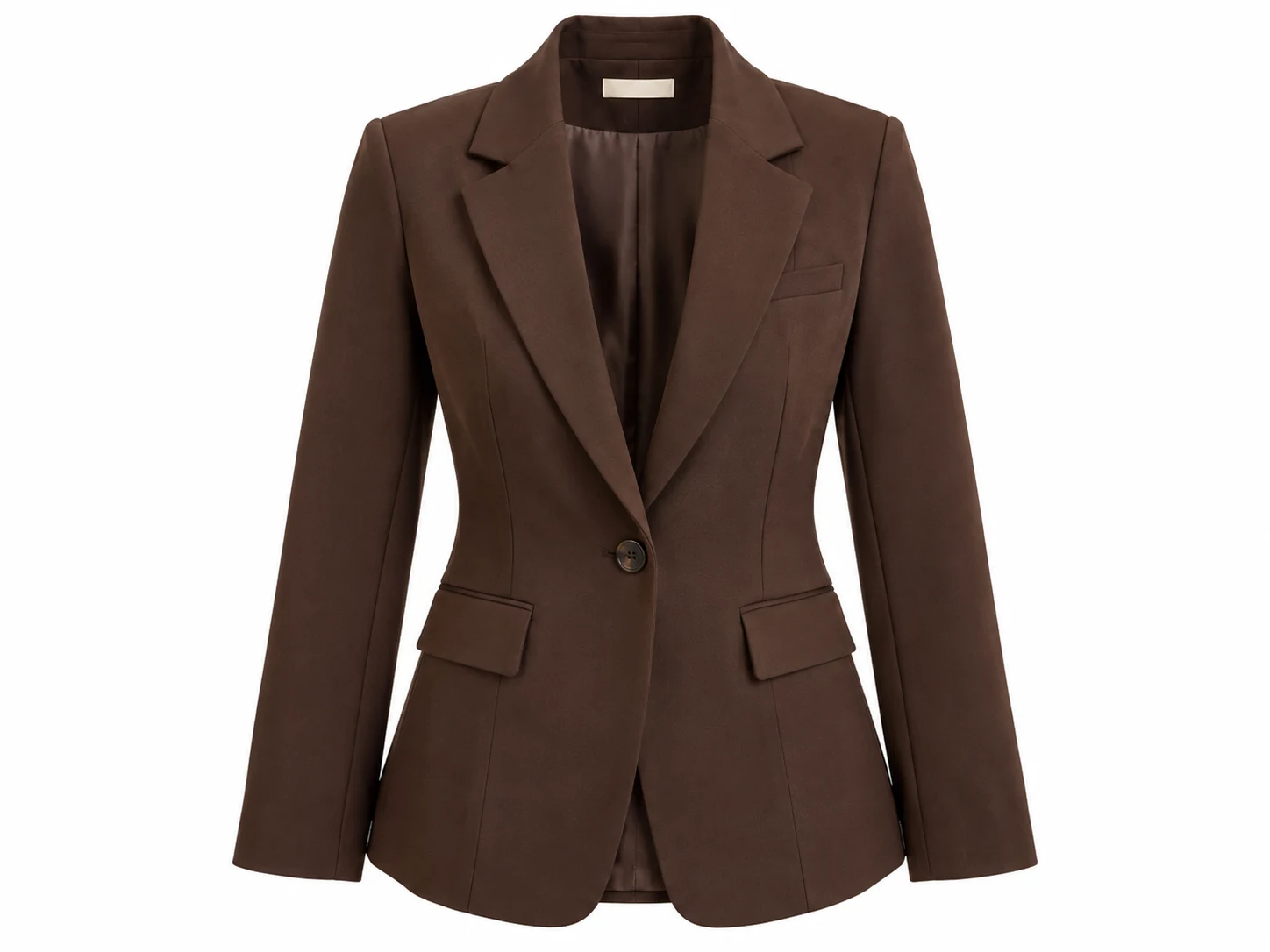3D ghost mannequin packshot of chocolate brown tailored blazer with open interior silk lining