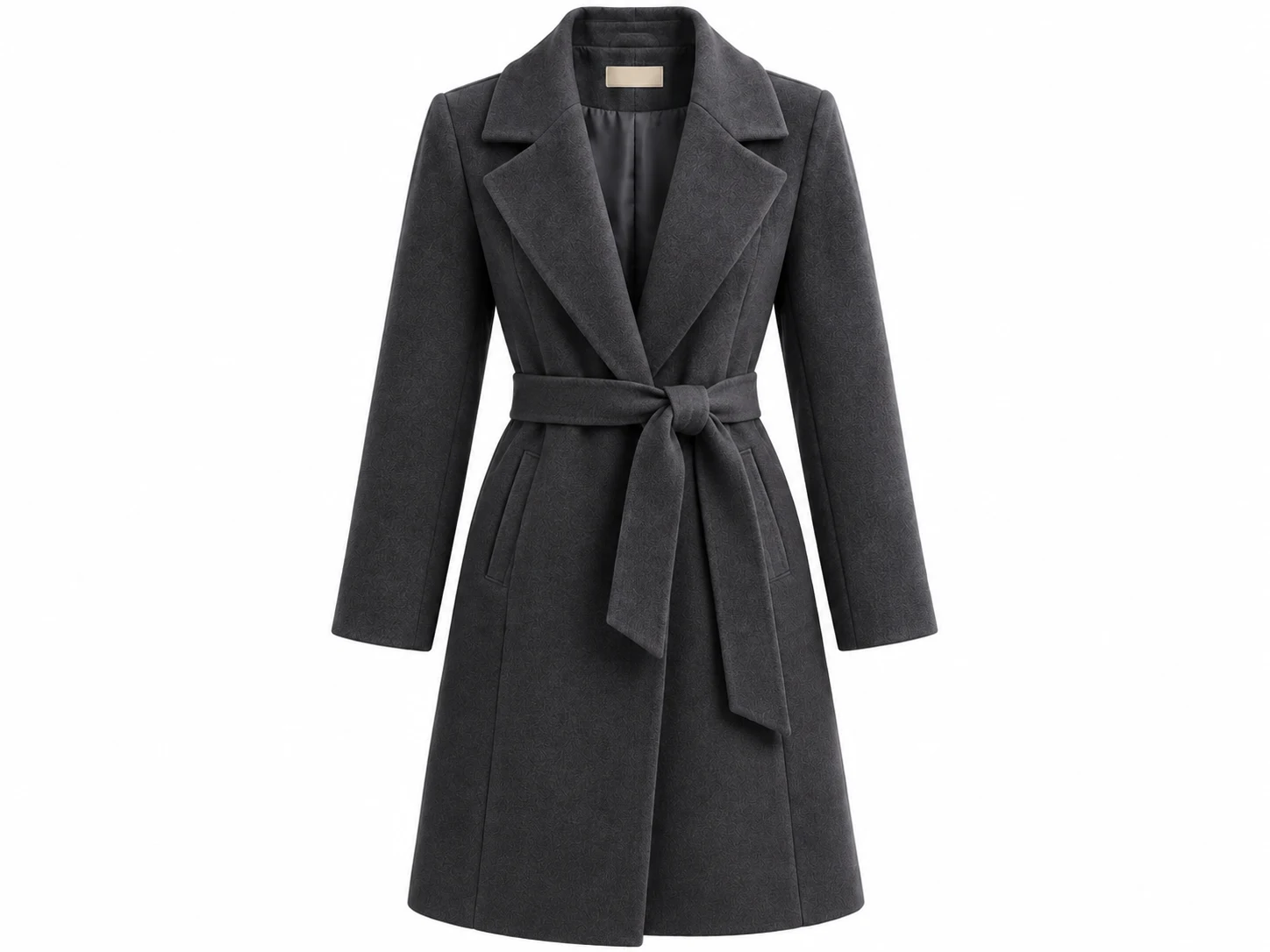 3D ghost mannequin packshot of charcoal tailored wool coat with knotted belt and lapel collar