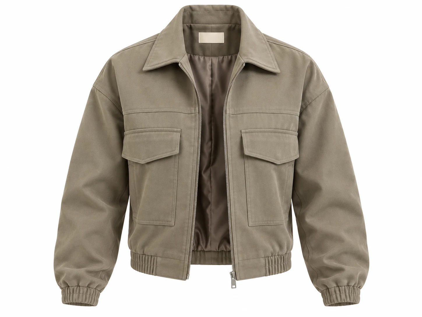 3D ghost mannequin packshot of sage taupe cropped bomber jacket with open collar