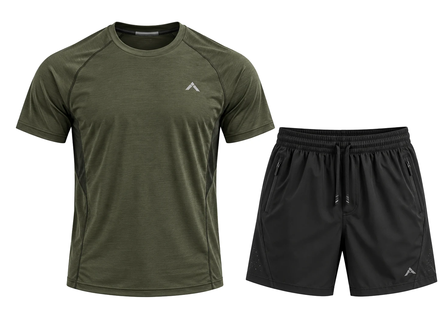 3D ghost mannequin packshot of olive athletic training t-shirt and black running shorts set