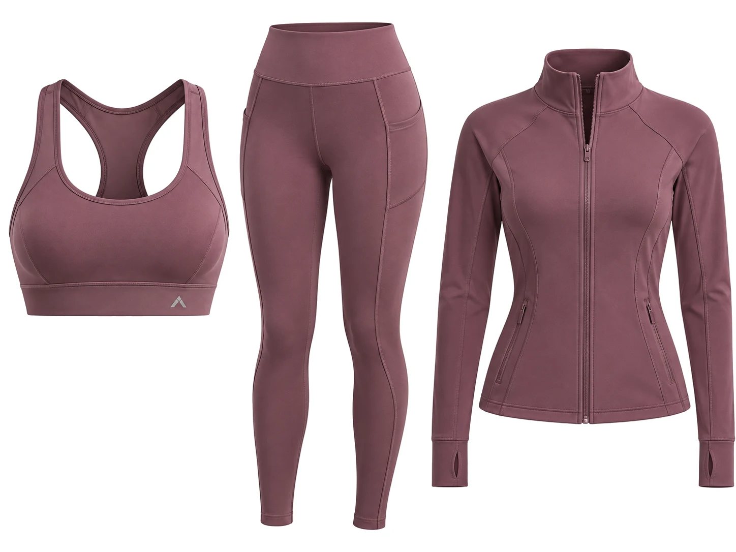 3D ghost mannequin packshot of mauve athletic 3-piece gym set with sports bra, leggings, and jacket