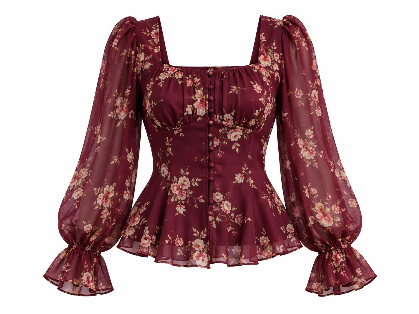 3D ghost mannequin packshot of burgundy floral chiffon peplum blouse with square neckline