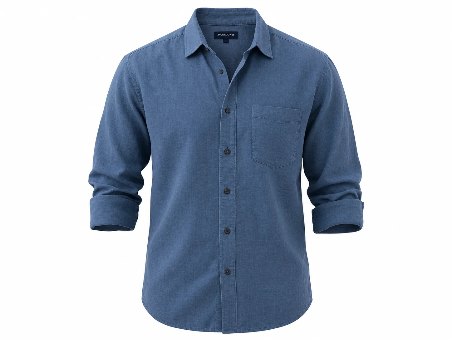 3D ghost mannequin packshot of blue linen button-down shirt with standing collar and rolled cuffs