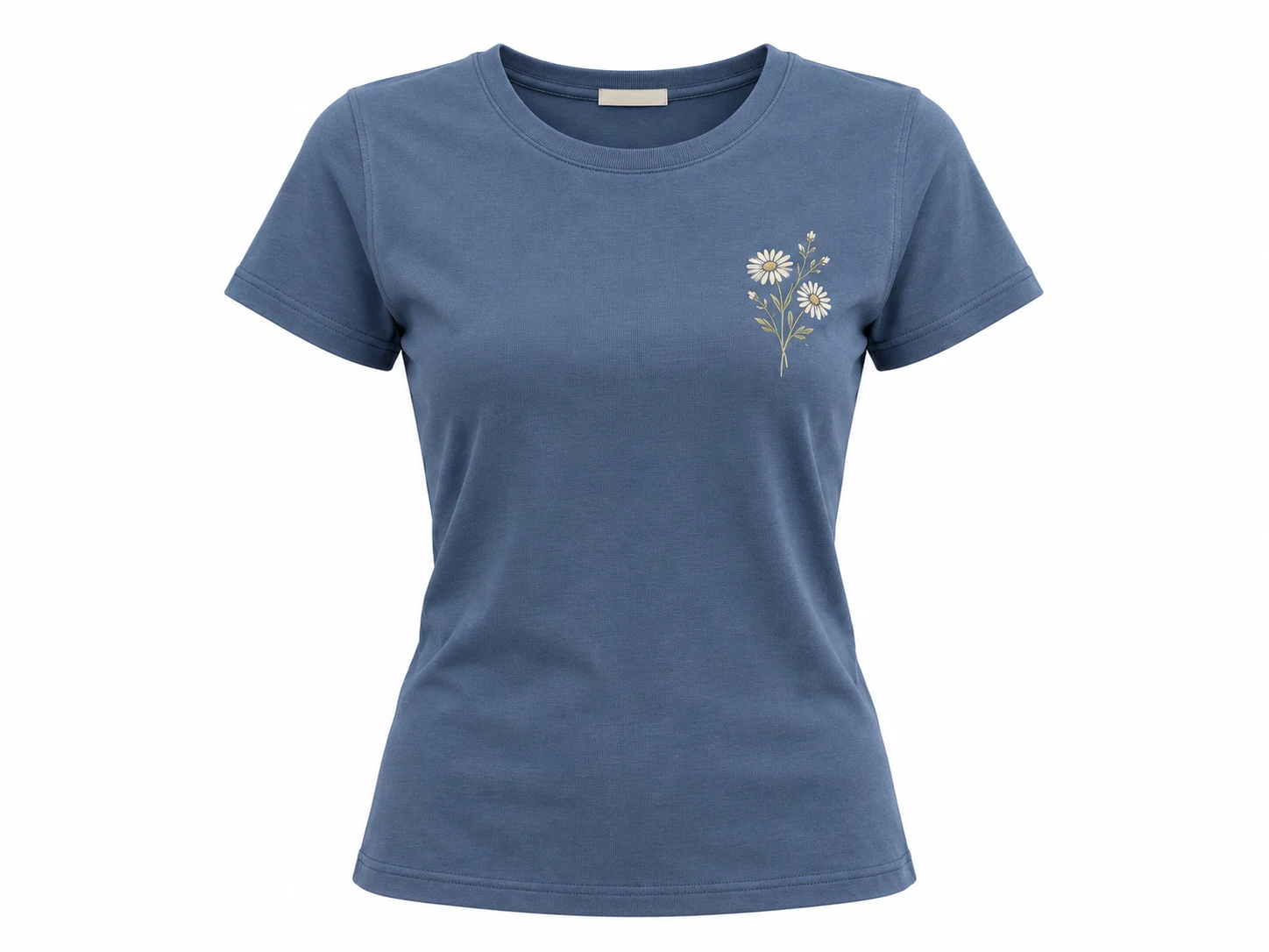 3D ghost mannequin packshot of slate blue crewneck t-shirt with embroidered floral chest graphic