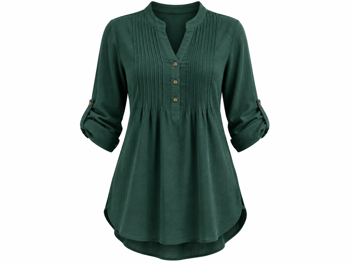 3D ghost mannequin packshot of emerald green pleated pin-tuck tunic with tab sleeves