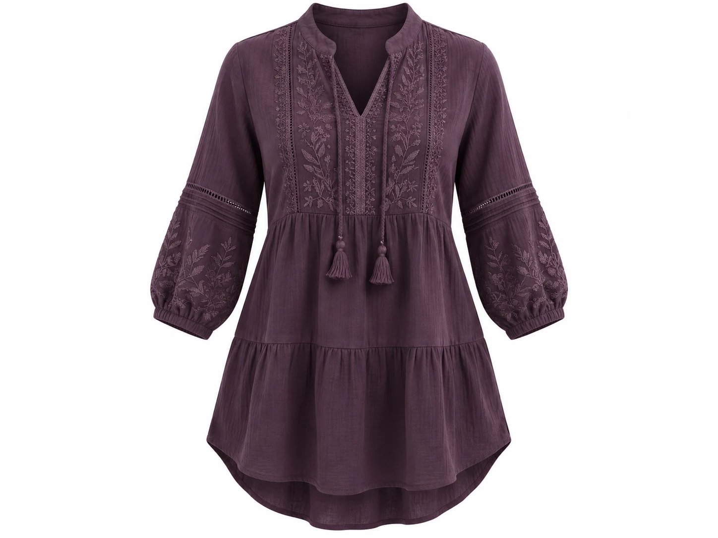 3D ghost mannequin packshot of longline tunic with split mandarin neckline and rolled sleeves