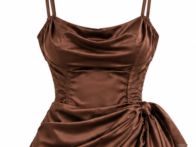 Macro detail of soft cowl-neck fold, fluid chest drape, and satin fabric luster