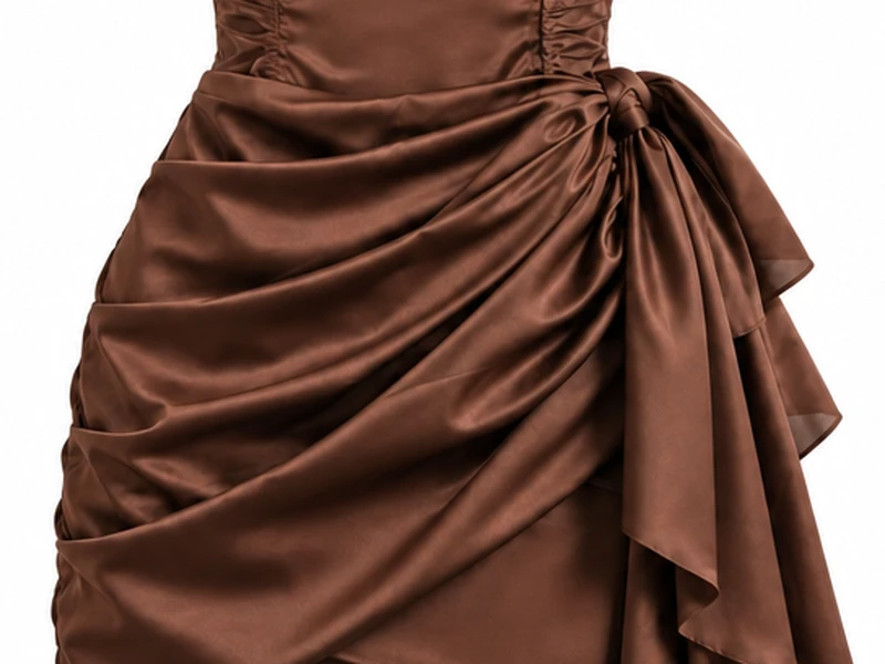Macro detail of gathered ruched waistline and side drape knot tie