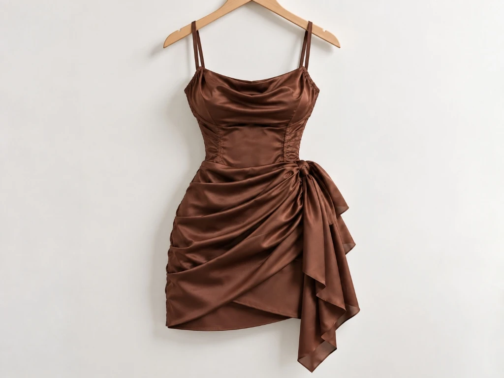 Full professional studio photograph of chocolate brown satin cowl-neck dress styled on boutique wooden hanger