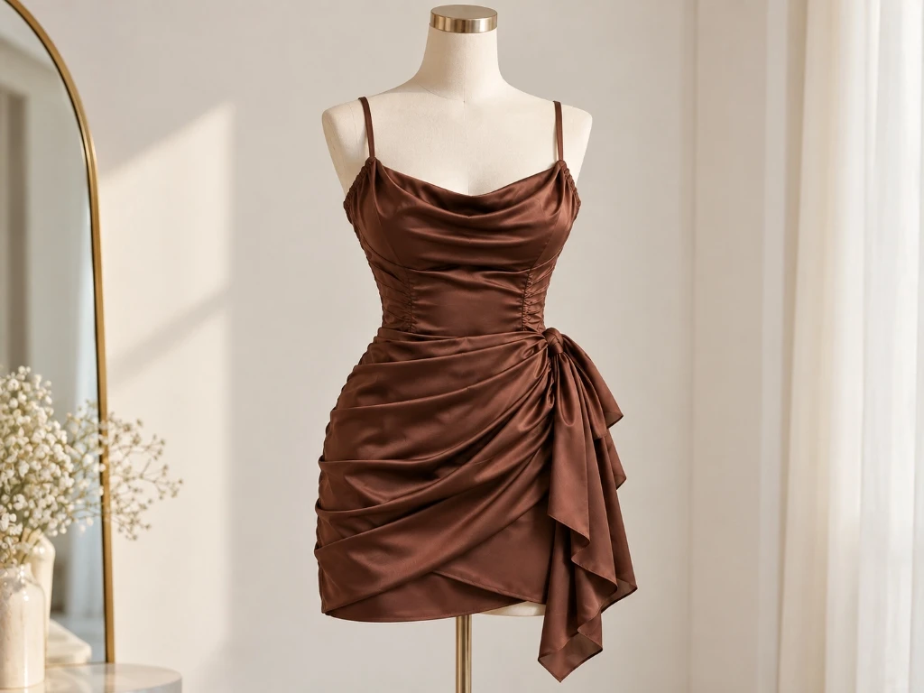 Chocolate brown satin ruched mini dress styled on fabric display mannequin in boutique studio