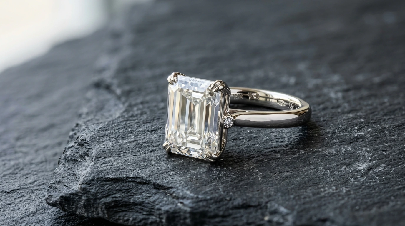 Raw photo of luxury emerald-cut diamond ring on natural slate stone before background removal