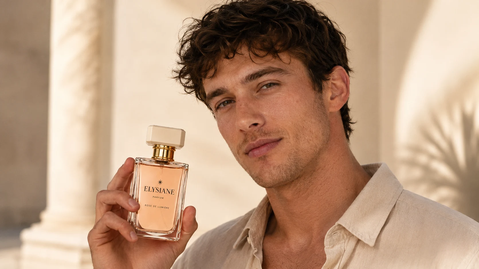 AI perfume photoshoot: Male model holding Elysiane Rose de Lumiere fragrance in sunlit courtyard