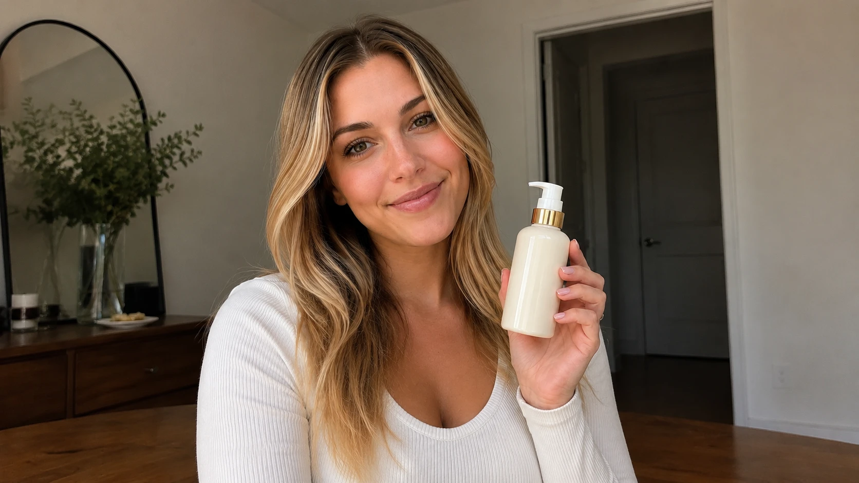 Studio-grade AI on-model photoshoot of beauty model holding white lotion bottle with natural lighting