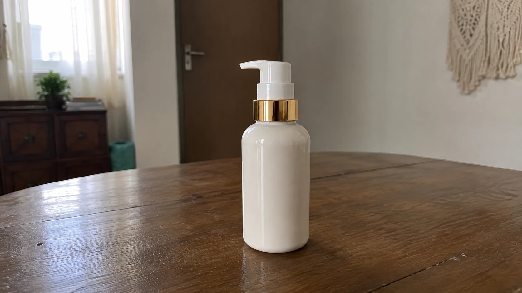 Raw smartphone photo of white lotion pump bottle on wooden tabletop before AI photoshoot processing