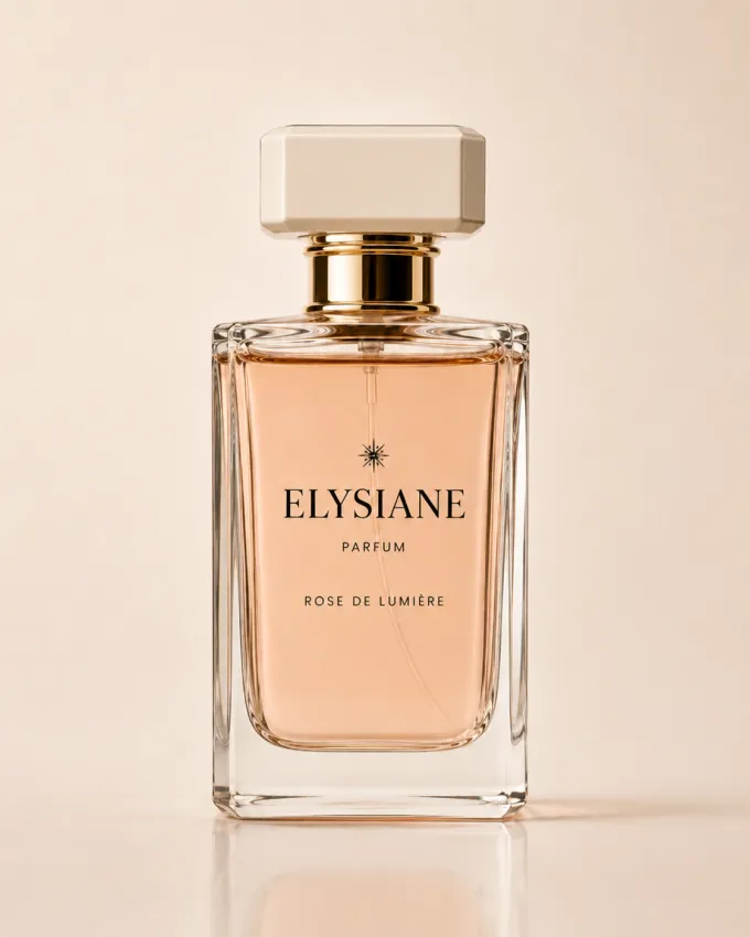 AI luxury perfume photography: Crystal glass flacon with ray-traced optical refractions and golden reflections