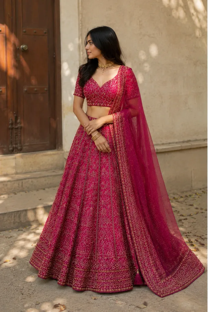 AI fashion photoshoot traditional ethnic wear with intricate embroidery detail